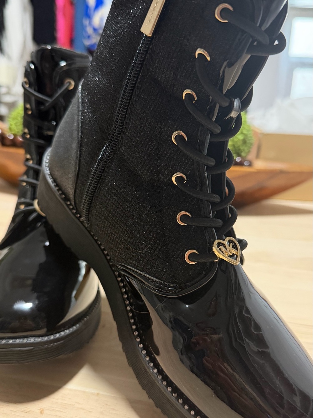 Michael Kors Black Patent Lace-Up Combat Boots with Gold Heart Detail